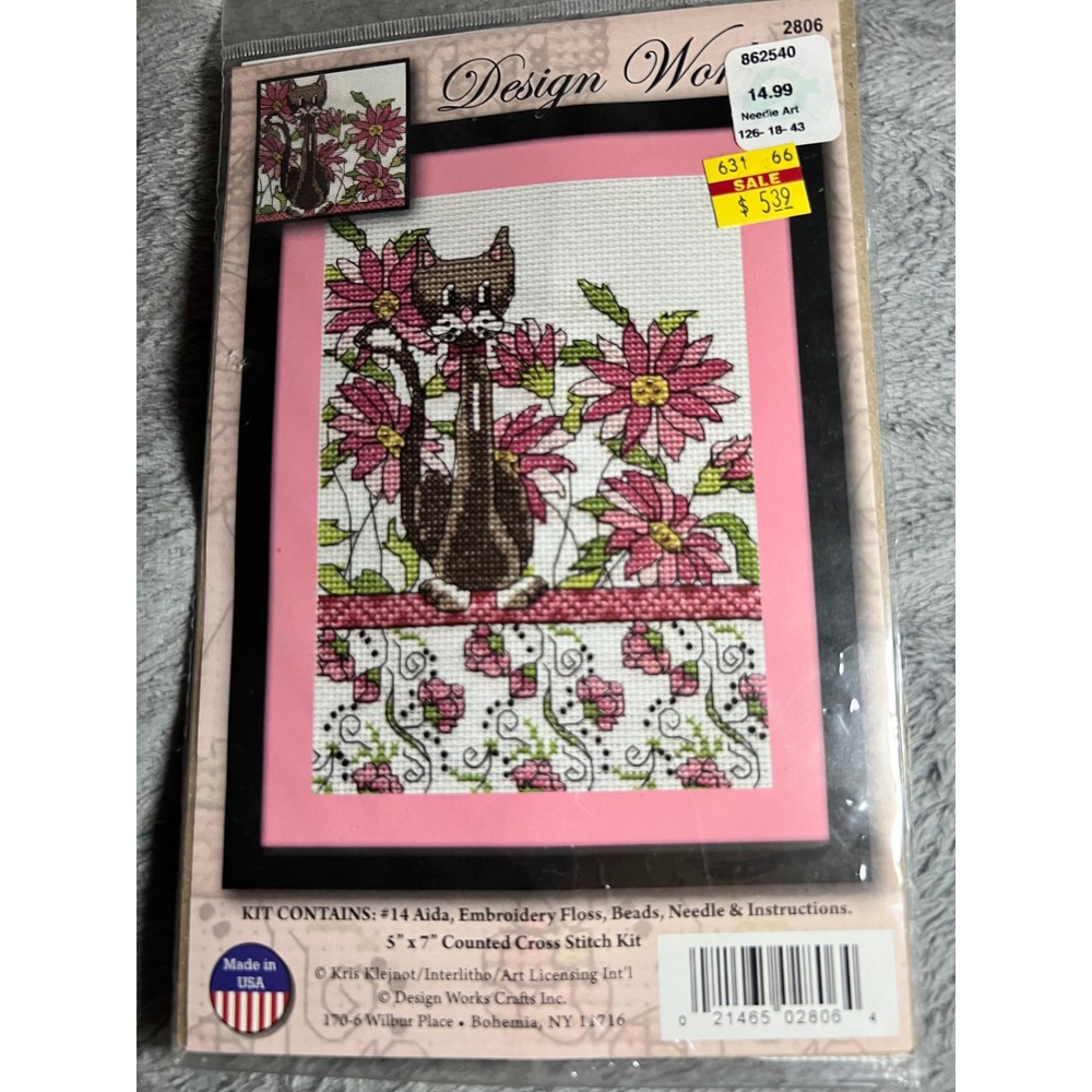 Design Works Pink Flowers Cat Counted Cross Stitch Kit 5x7 Beads New